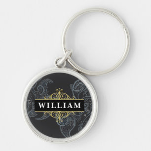Eleganter schwarzer Gold-Paisley-Monogramm-Name Schlüsselanhänger