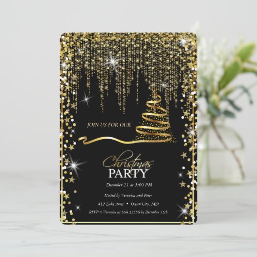 Eleganter Schwarzer-Gold Sparkle Einladung (Stehend Vorderseite)