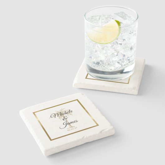 Eleganter Schwarzer Golden Palm Tree Moderne Hochz Steinuntersetzer (Seitenansicht)