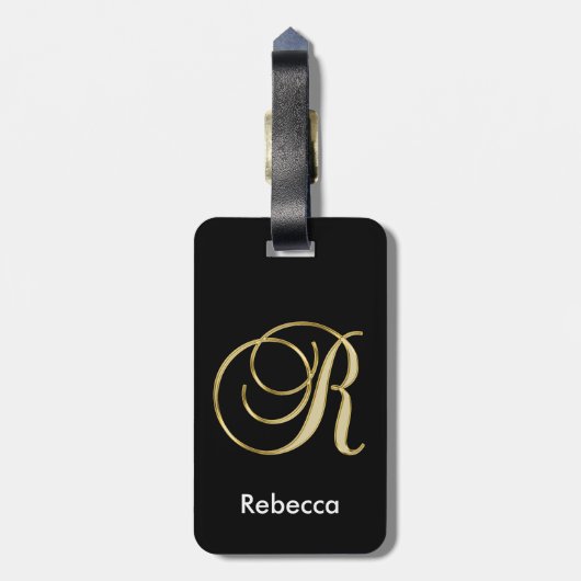 Eleganter schwarzer Goldmonogramm-Buchstabe R mit Gepäckanhänger (Rückseite vertikal)