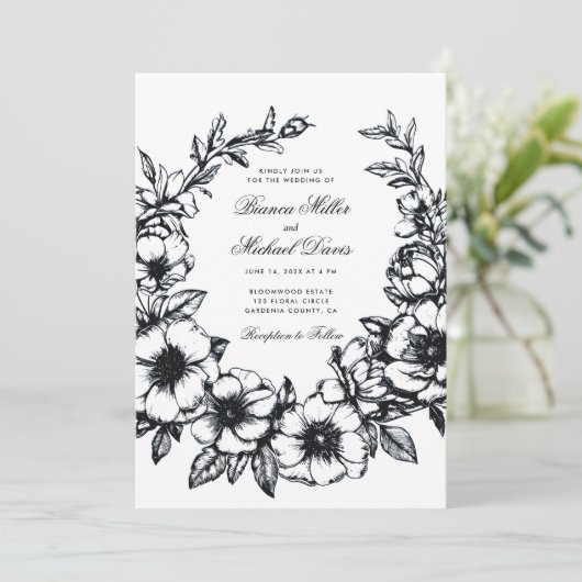 Eleganter, schwarzer Hand gezeichneter Kranz bei b Einladung (Stehend Vorderseite)