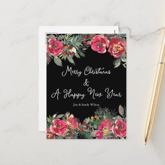 Eleganter Schwarzer Hintergrund der Weihnachtsfeie Feiertagspostkarte (Vorderseite/Rückseite Beispiel)