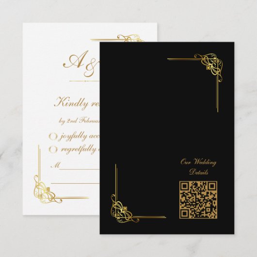Eleganter schwarzer Hochzeits-Event-QR-Code in Gol RSVP Karte (Vorne/Hinten)