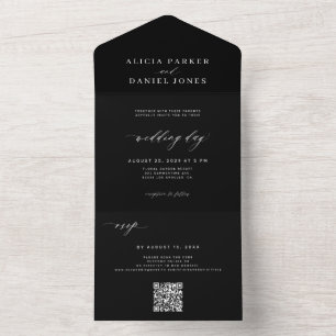 Eleganter schwarzer Hochzeits-Online-RSVP-QR-Code All In One Einladung