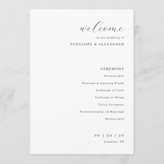 Eleganter schwarzer Hochzeitszeremonie-Zeitplan Programm (Vorderseite)