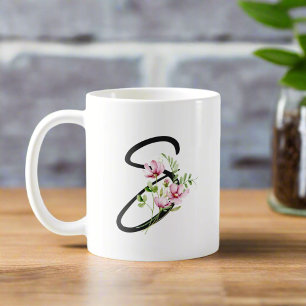 Eleganter Schwarzer Kalligraphiebrief "S" floral Kaffeetasse
