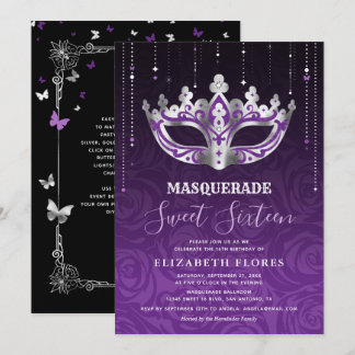 Eleganter Schwarzer Lila Silbermasquerade Sweet 16 Einladung