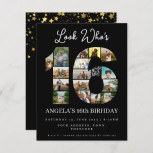eleganter schwarzer Look mit 16 Foto Collage Einladung