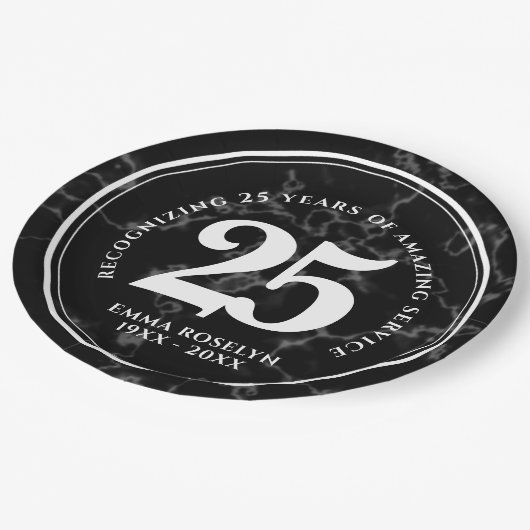 Eleganter schwarzer Marmor 25 Jahre Arbeit Jubiläu Pappteller (Schrägansicht)