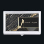 Eleganter schwarzer Marmor, Gold Glitzer High Heel Visitenkarten Dose<br><div class="desc">Dieses Bild zeigt die hohen Stöcke des Glitzer auf schwarzem Hintergrund.Diamanten sind ein Mädchenfreunde.Also Leckerei selbst oder ein Freund zu etwas Besonderem mit diesem wunderschönen,  rautenbedeckten Accessoire. Wählen Sie den Kostümknopf,  um Stil,  Farbe und Größe des Schriftartes zu ändern.</div>