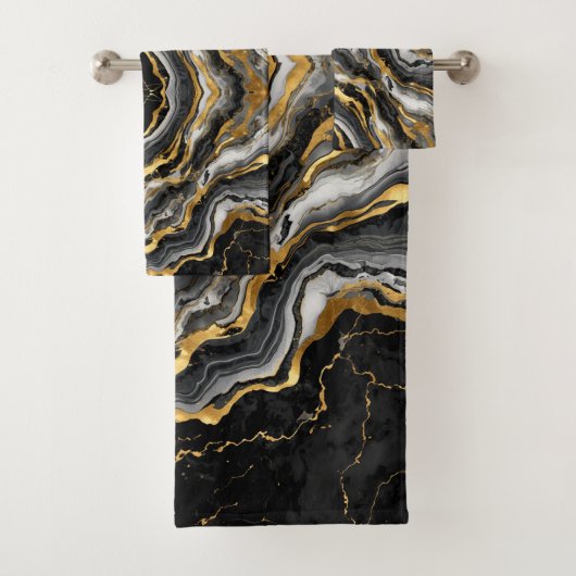 Eleganter schwarzer Marmor mit goldener Textur Badhandtuch Set (Insitu)