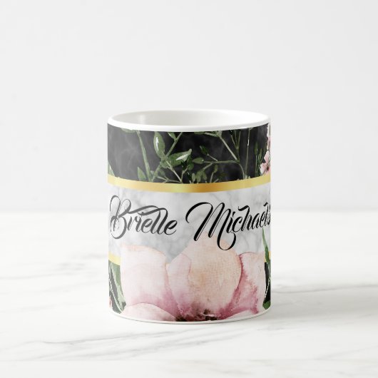 Eleganter schwarzer Marmor Rosa Blüte mit Namen Kaffeetasse (Mittel)