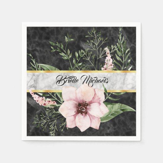 Eleganter schwarzer Marmor Rosa Blüte mit Namen Serviette (Vorderseite)