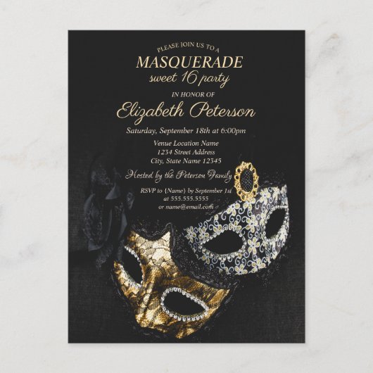 Eleganter Schwarzer Masquerade, Masque Sweet 16 Einladungspostkarte (Vorderseite)