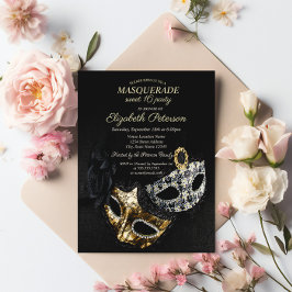Eleganter Schwarzer Masquerade, Masque Sweet 16 Einladungspostkarte