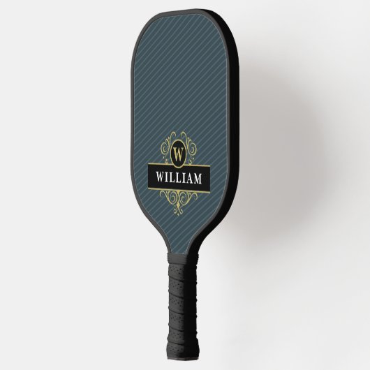 Eleganter Schwarzer Monogram Pinstripe Pickleball Schläger (Links)