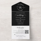 Eleganter schwarzer Monogram QR Code Hochzeit All In One Einladung (Innen Boden)
