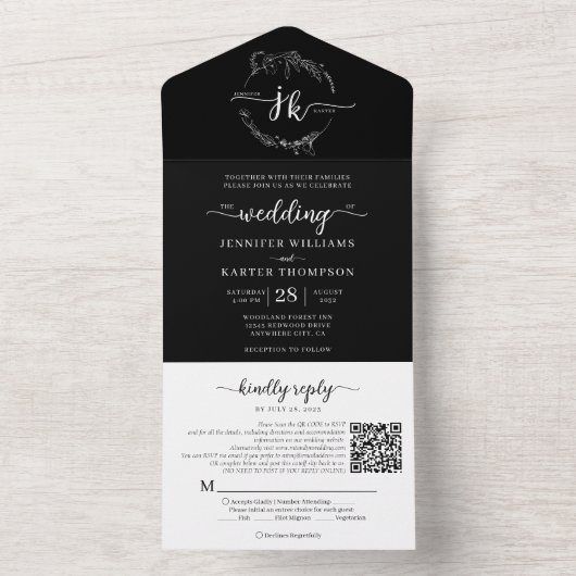 Eleganter schwarzer Monogram QR Code Hochzeit All In One Einladung (Innen Boden)