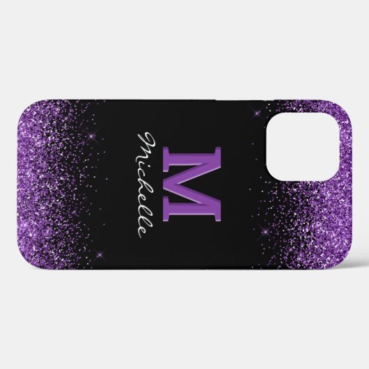 Eleganter Schwarzer Monogramm-Lila Glitzer Case-Mate iPhone Hülle (Rückseite (Horizontal))