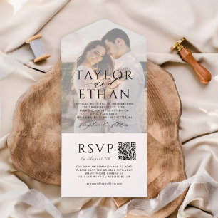 Eleganter schwarzer QR-Code Foto-Hochzeit All In One Einladung
