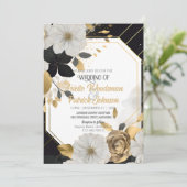 Eleganter Schwarzer Rahmen mit weißer Goldflora Einladung (Stehend Vorderseite)