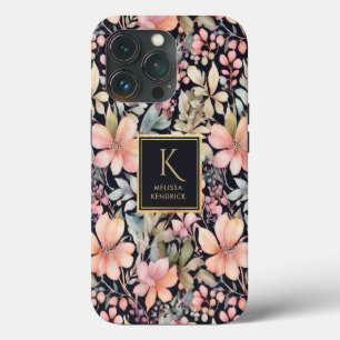 Eleganter schwarzer rosa floraler Wasserfarben-Mon iPhone 13 Pro Hülle