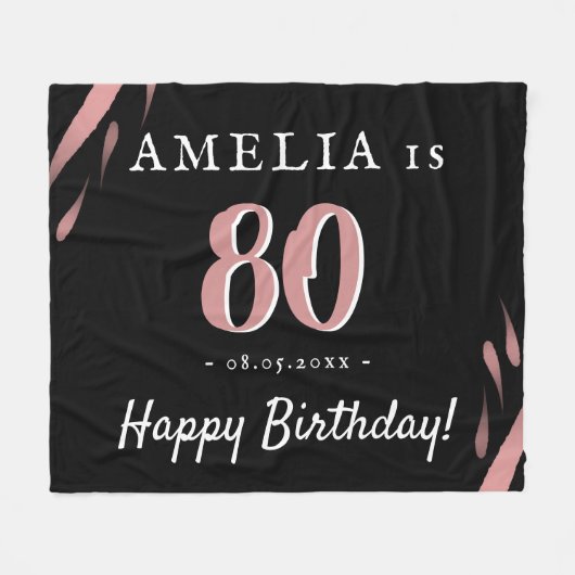 Eleganter Schwarzer Rosa Wasserfarbe 80. Geburtsta Fleecedecke (Vorderseite (Horizontal))
