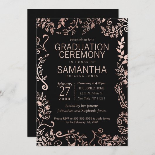 Eleganter Schwarzer Rose Goldener Abschluss Einladung (Vorne/Hinten)