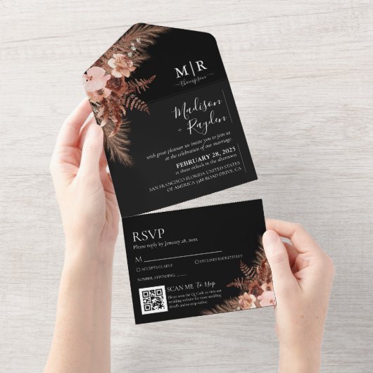 Eleganter schwarzer Rustikaler Pampas QR Code Hoch All In One Einladung (Abreißen)