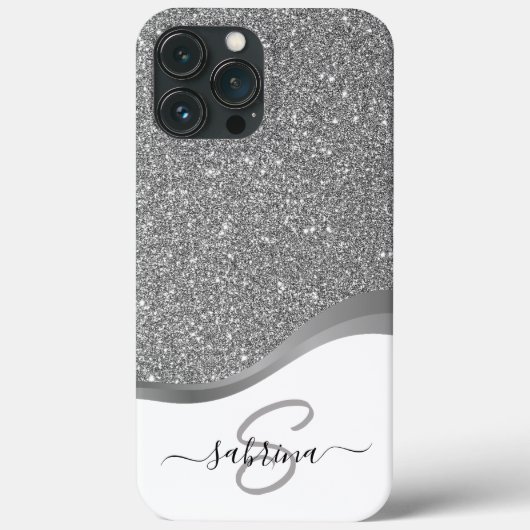Eleganter schwarzer silberner Glitter-Monogramm-Na Case-Mate iPhone Hülle (Rückseite)