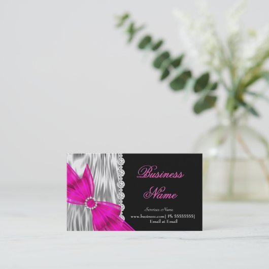 Eleganter schwarzer Silberseide Hot Pink Bow Visitenkarte (Stehend Vorderseite)