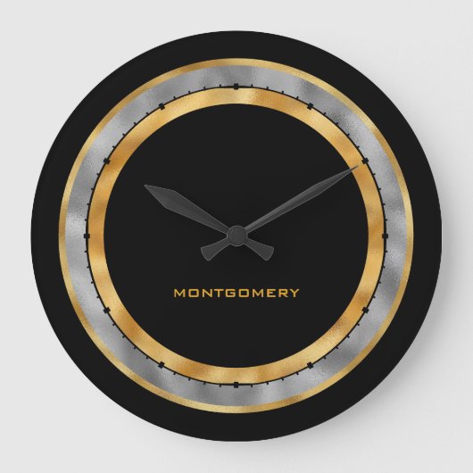 Eleganter Schwarzer Silberstreifen Personalisiert Große Wanduhr (Vorderseite)