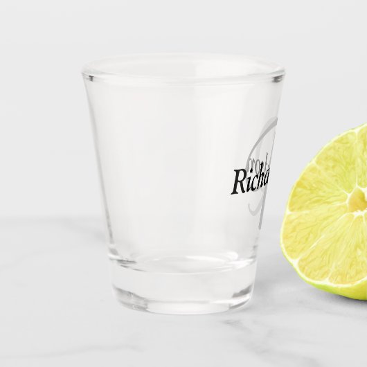 Eleganter schwarzer Silver Gray Monogram Name Schnapsglas (Links)