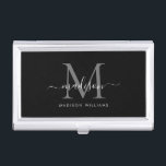 Eleganter schwarzer Silver Gray Monogram Script Na Visitenkarten Dose<br><div class="desc">Eleganter Black Silver Slate Gray Monogram Girly Script Name Business Card Fall</div>