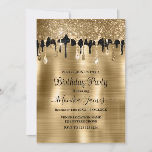 Eleganter Schwarzer Sparkle Glitzer Tropfen Geburt Einladung (Vorderseite)