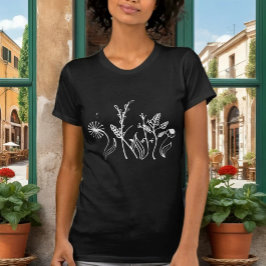 Eleganter Schwarzer T - Shirt mit zarten Doodle-Bl