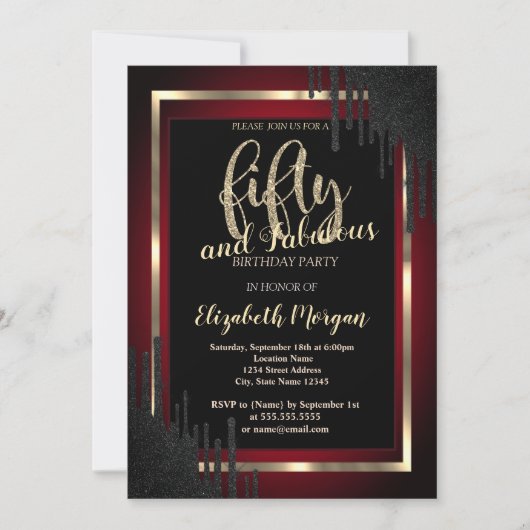 Eleganter Schwarzer Tropfen Dunkelrot 50. Geburtst Einladung (Vorderseite)