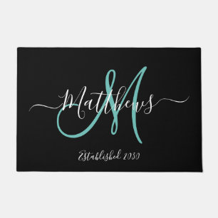 Eleganter schwarzer Türkis-Monogramm-Schriftzug Fa Fußmatte