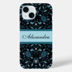 Eleganter schwarzer und Aquamariner Damast Case-Mate iPhone Hülle