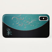 Eleganter schwarzer und aquamariner Monogramm Case-Mate iPhone Hülle (Rückseite (Horizontal))