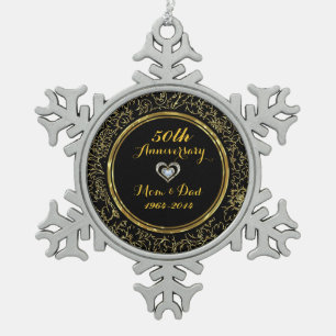Eleganter schwarzer und goldener 50. Hochzeitstag Schneeflocken Zinn-Ornament