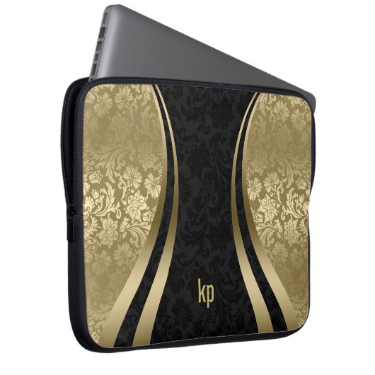 Eleganter schwarzer und goldener Damaskus Laptopschutzhülle (Vorne Rechts)