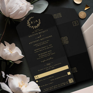 Eleganter schwarzer und goldener Monogramm-Kranz H All In One Einladung
