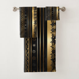 Eleganter schwarzer und goldener vertikaler Streif Badhandtuch Set