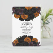 Eleganter schwarzer und orangefarbener floraler Go Einladung (Stehend Vorderseite)