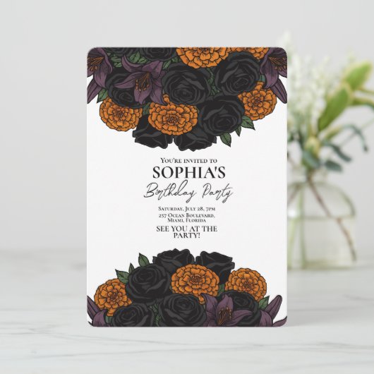 Eleganter schwarzer und orangefarbener floraler Go Einladung (Stehend Vorderseite)