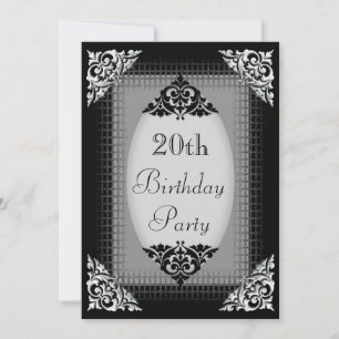 Eleganter schwarzer und silberner 20. Geburtstag Einladung