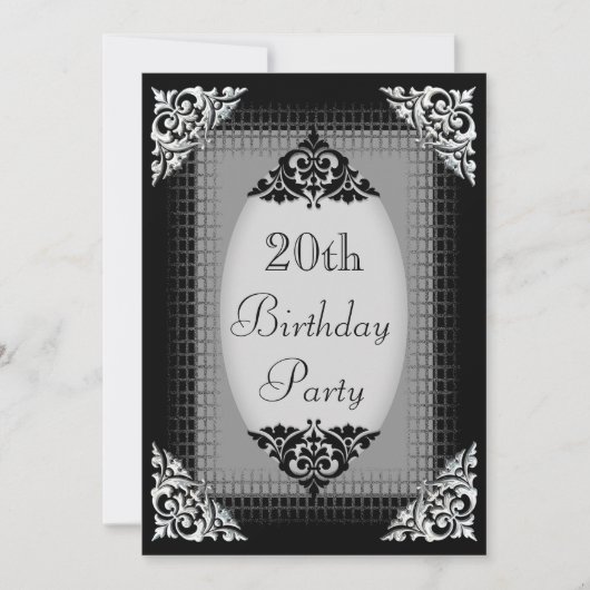 Eleganter schwarzer und silberner 20. Geburtstag Einladung (Vorderseite)