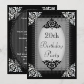Eleganter schwarzer und silberner 20. Geburtstag Einladung (Vorne/Hinten)