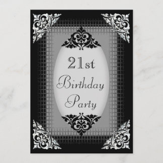 Eleganter schwarzer und silberner 21. Geburtstag Einladung